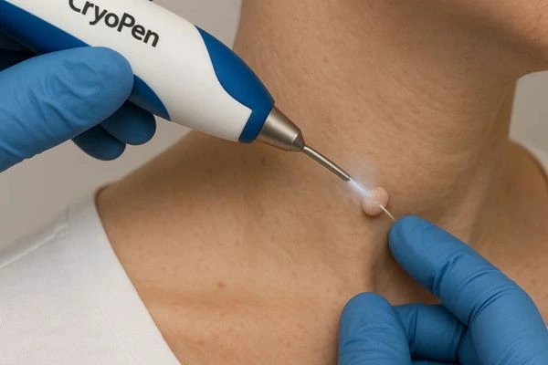 Person receiving cryotherapy Worcester Park for skin tag removal